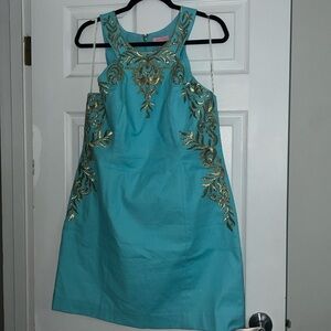 Lilly Pulitzer Elegant Teal and Gold Embroidered Dress